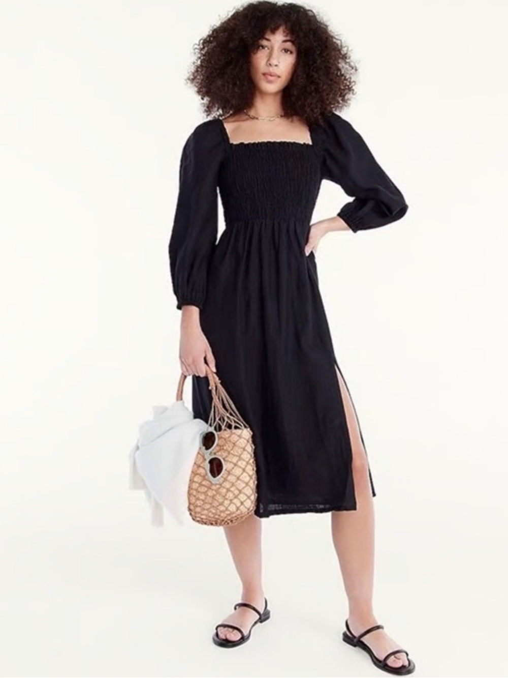 J.Crew Black Smocked Square-Neck Midi Dress Size 2X